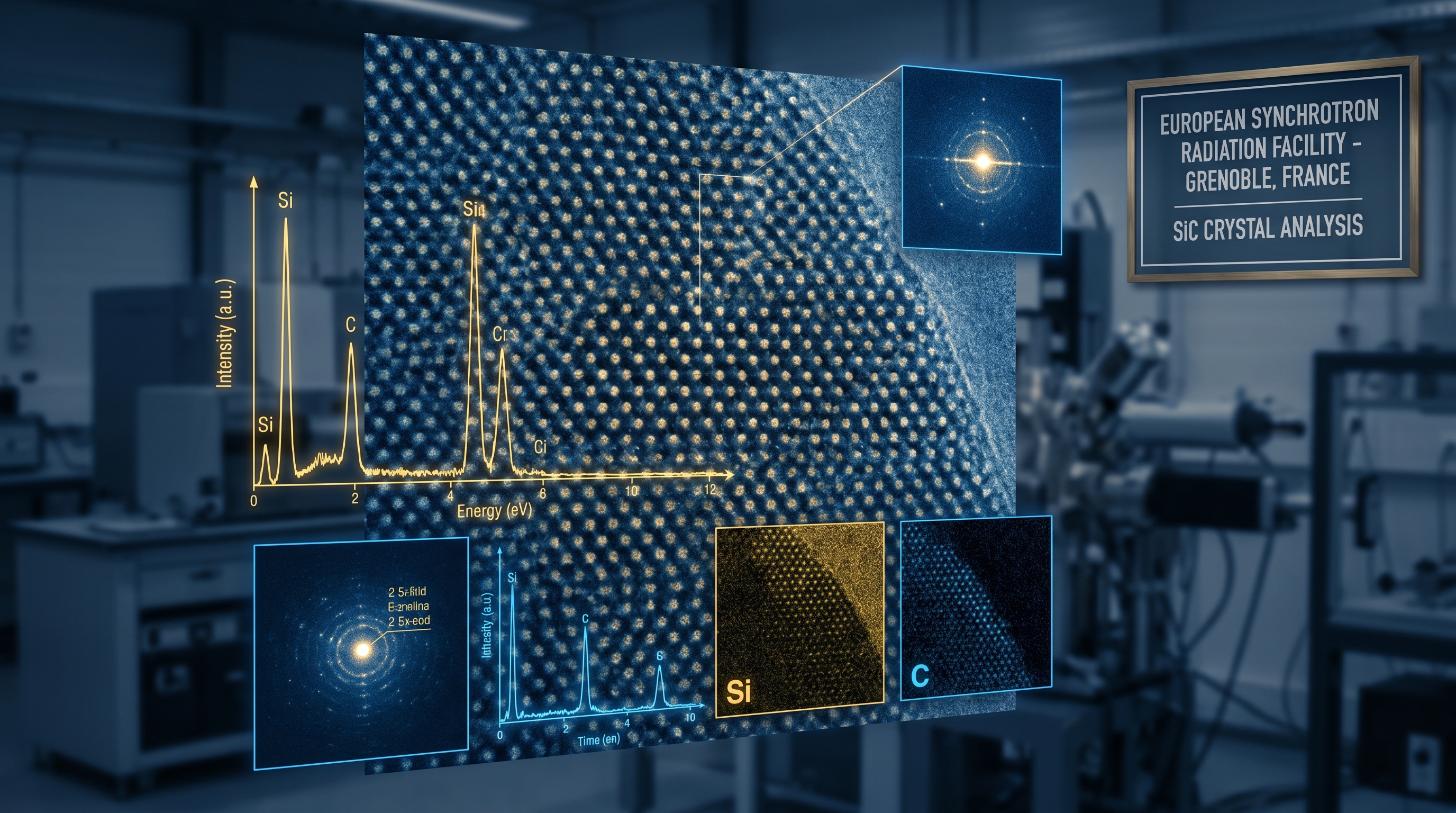 Ultra-detailed electron microscope image aesthetic of silicon carbide crystal lattice with overlaid spectral analysis data, deep blue and gold tones, European research laboratory context