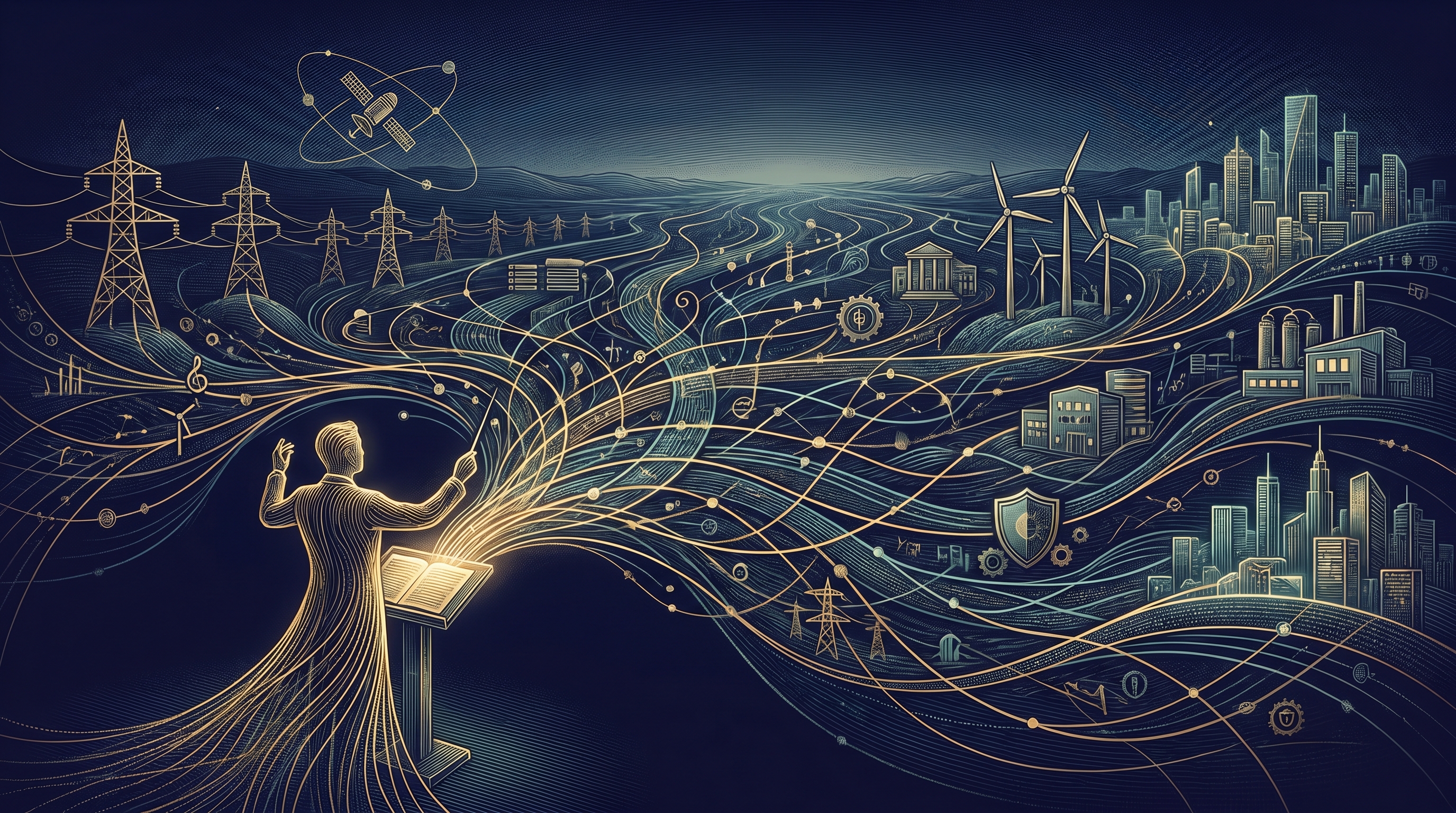 An abstract editorial illustration of a conductor whose golden baton-lines fan out into an interconnected European system — power grids, wind turbines, satellites, a defence shield, data streams and city skylines — all coordinated from a single point, on a deep navy background