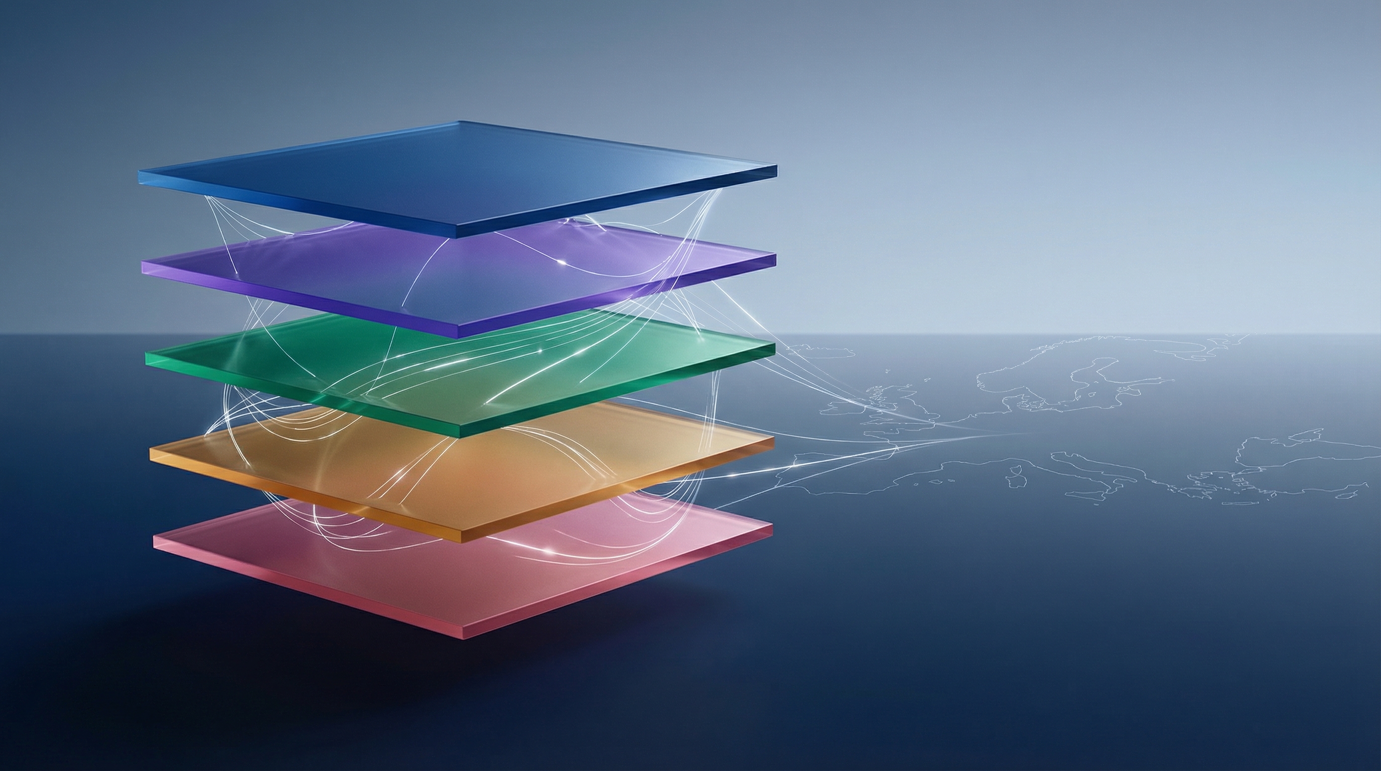 Abstract illustration of five translucent coloured layers stacked vertically — blue, violet, emerald, amber, and rose — connected by luminous lines, with Europe's silhouette faintly visible in the background